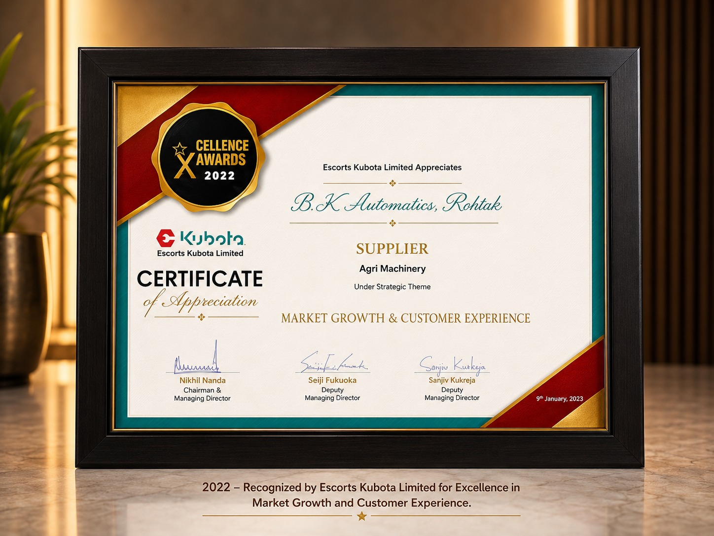 2022 – Recognized by Escorts Kubota for outstanding contribution to Market Growth and Customer Experience